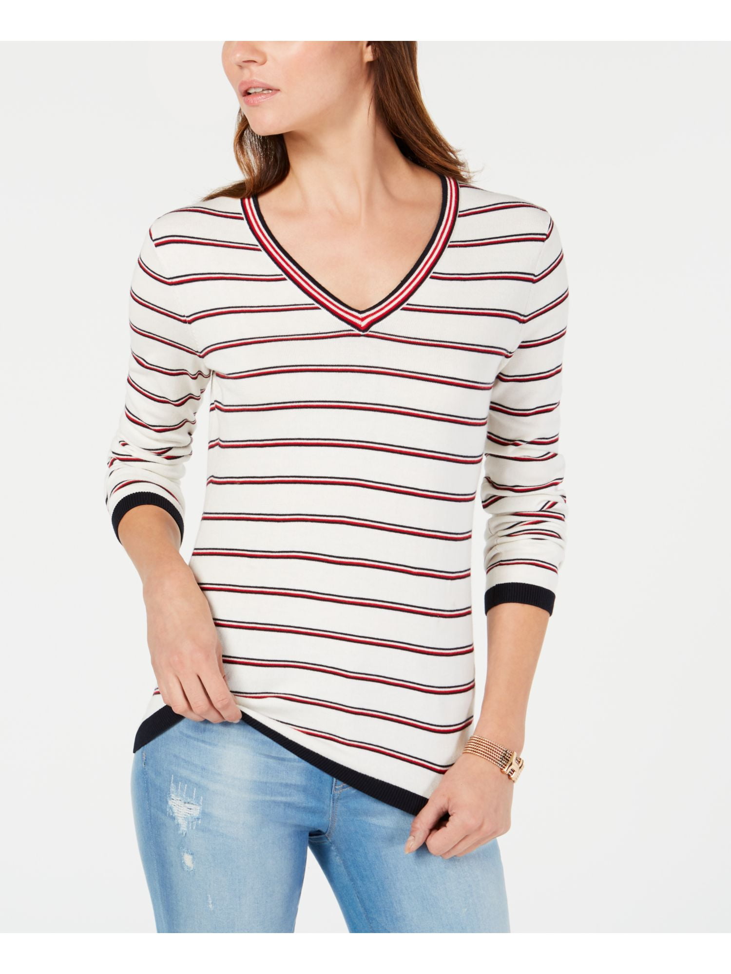 Striped V Neck Long Sleeve Sweater 
