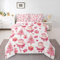 Manfei Girly Santa Claus Queen Comforter Set for Kid, Pink Xmas Tree Bedding Comforter Set, Kawaii Christmas Cartoon Reversible Bedding Set, Super Cozy Room Decor, 3-Piece