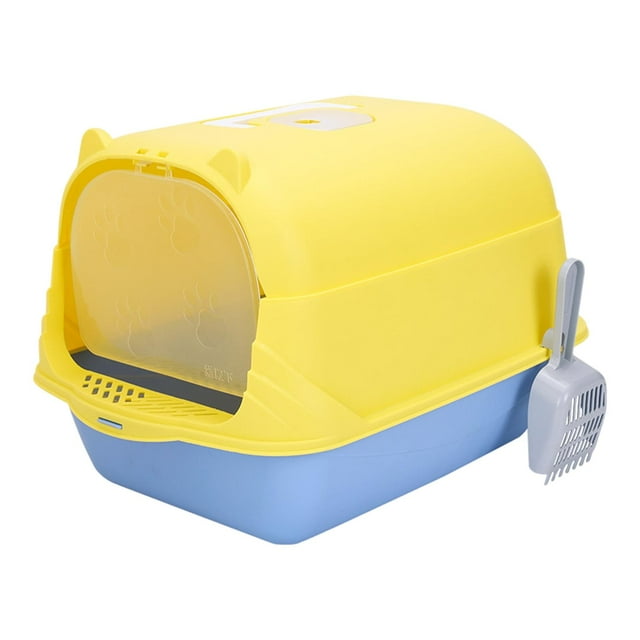 Caja de arena para gatos con capucha, inodoro completamente cerrado, suministros para mascotas, caja de arena extraíble Amarillo y azul