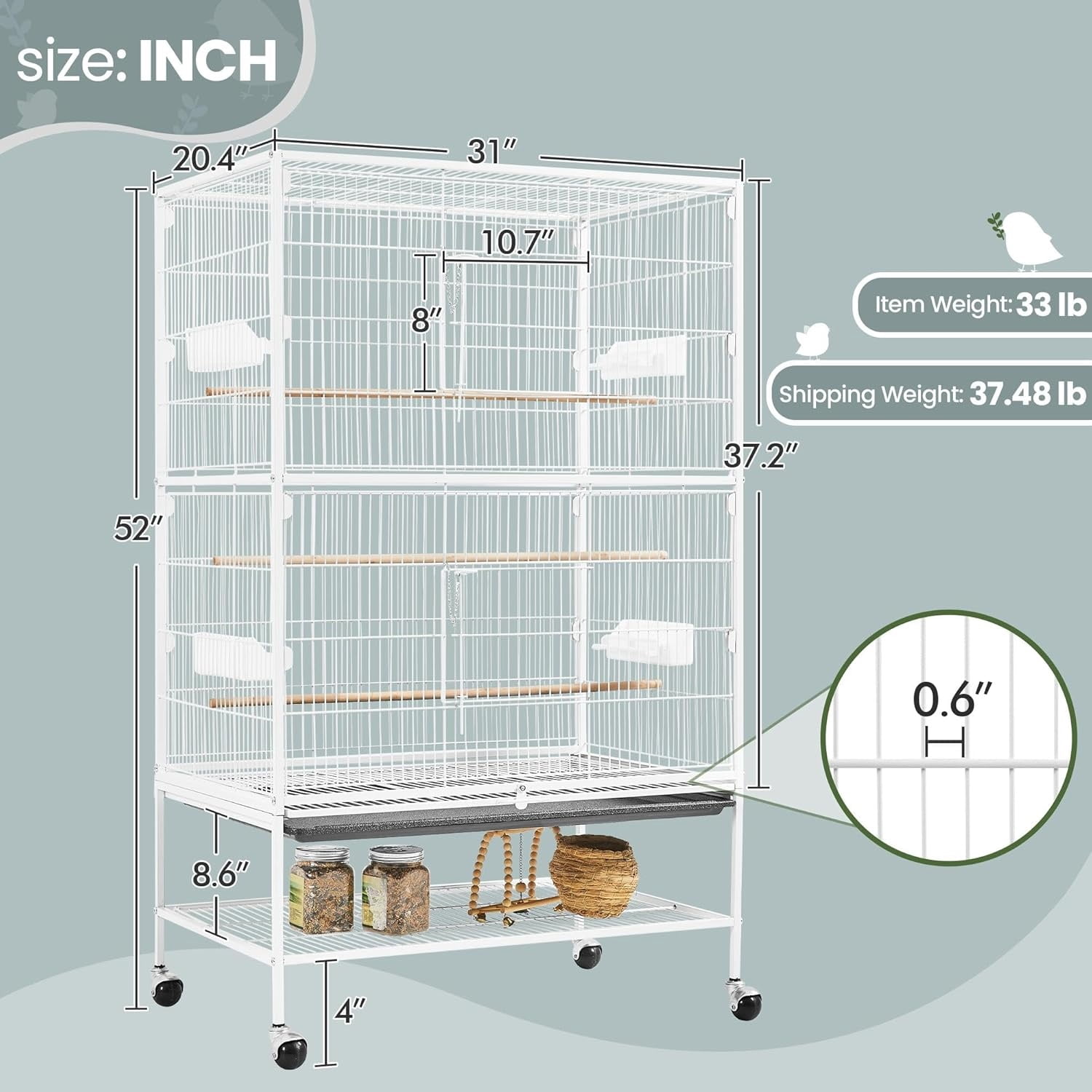 52inch Bird Cage Extra Large Parakeet Parrot Cage for Lovebird Cockatiel Conure Finch with Rolling Stand White