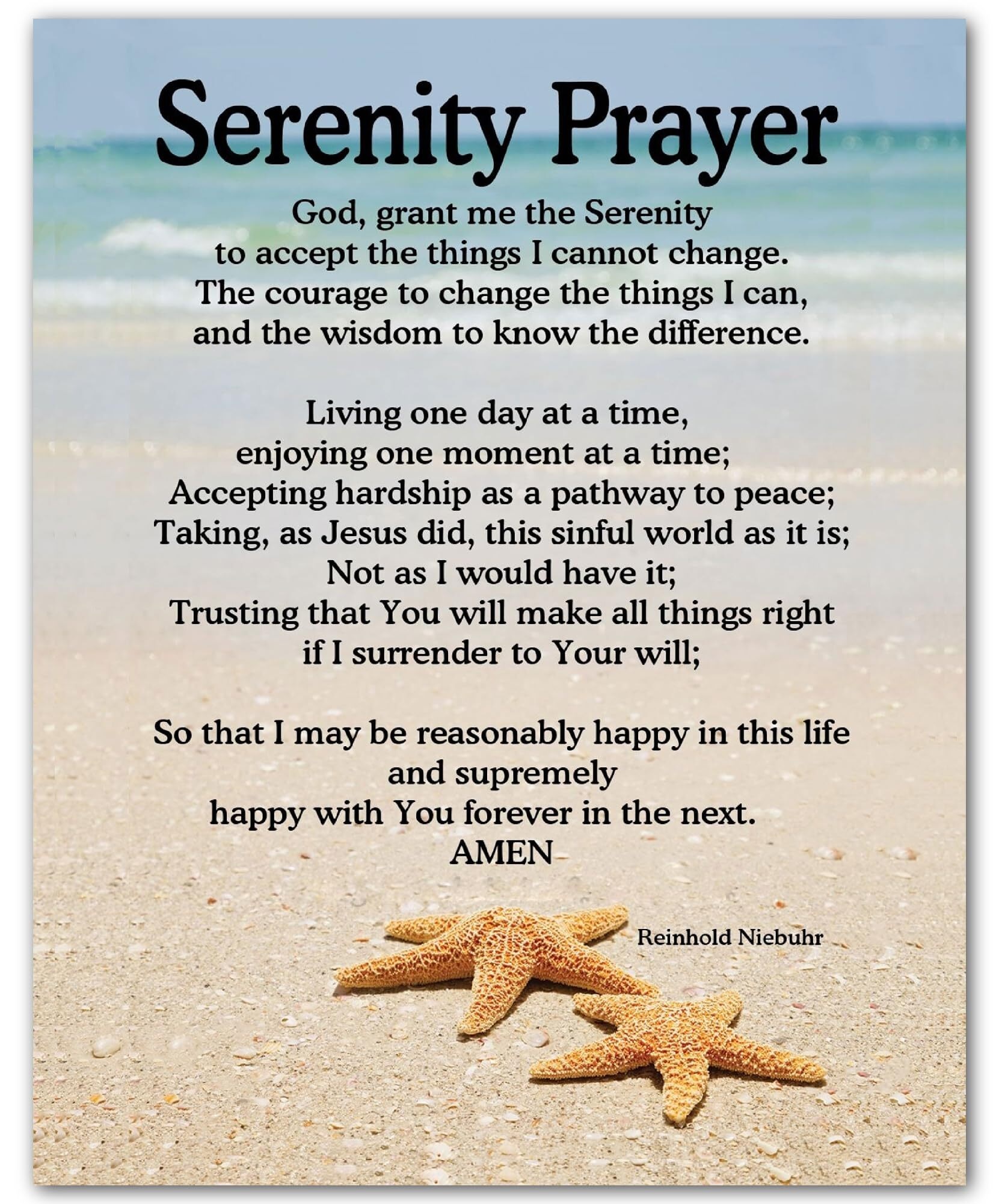 Serenity Prayer Wall Art Christian Wall Decor with Starfish Scripture, Bible Verse Inspirational Wall Art Print for Living Room, Office, Church, or Beach House