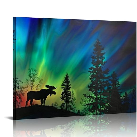 EastSmooth Northern Wall Art Nature Forest and Moose Landscape Canvas Print Aurora Borealis Wall Pictures Wooden Framed Stretched Print on Canvas for Bathroom Bedroom Decoration
