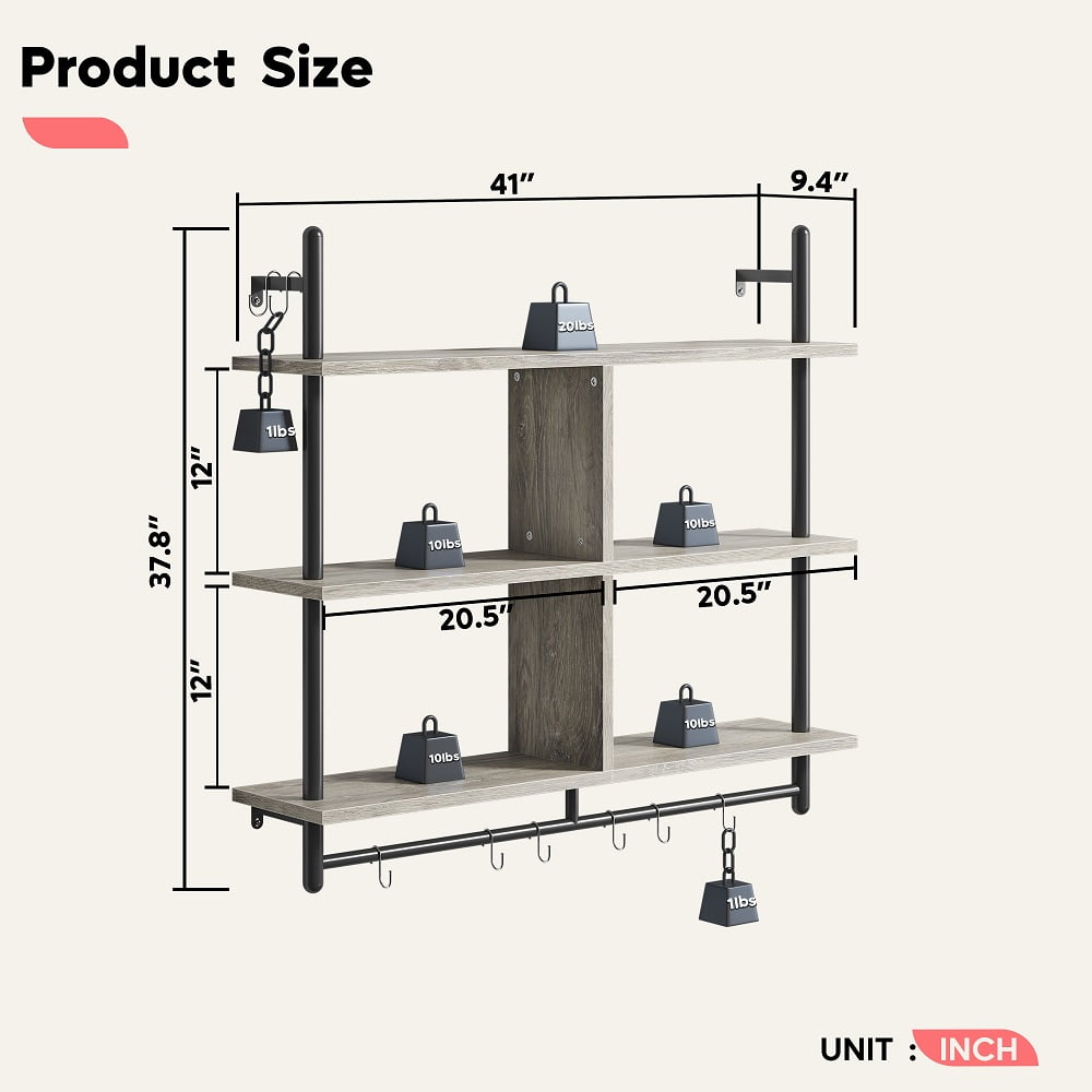 Bestier 41" Industrial Pipe Shelves Wall Mount, 3-Tier Floating Shelves for Kitchen Bedroom Bathroom in Grey