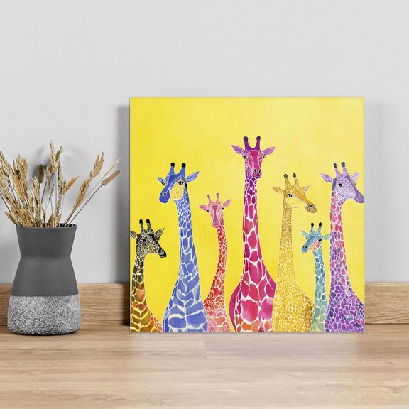Colorful Giraffe Wall Art Painting on Canvas, Watercolor Cute Cartoon Yellow Canvas Art Home Prints Wall Art Framed Modern Artwork for Living Room Bedroom Wall Decor 12x12in