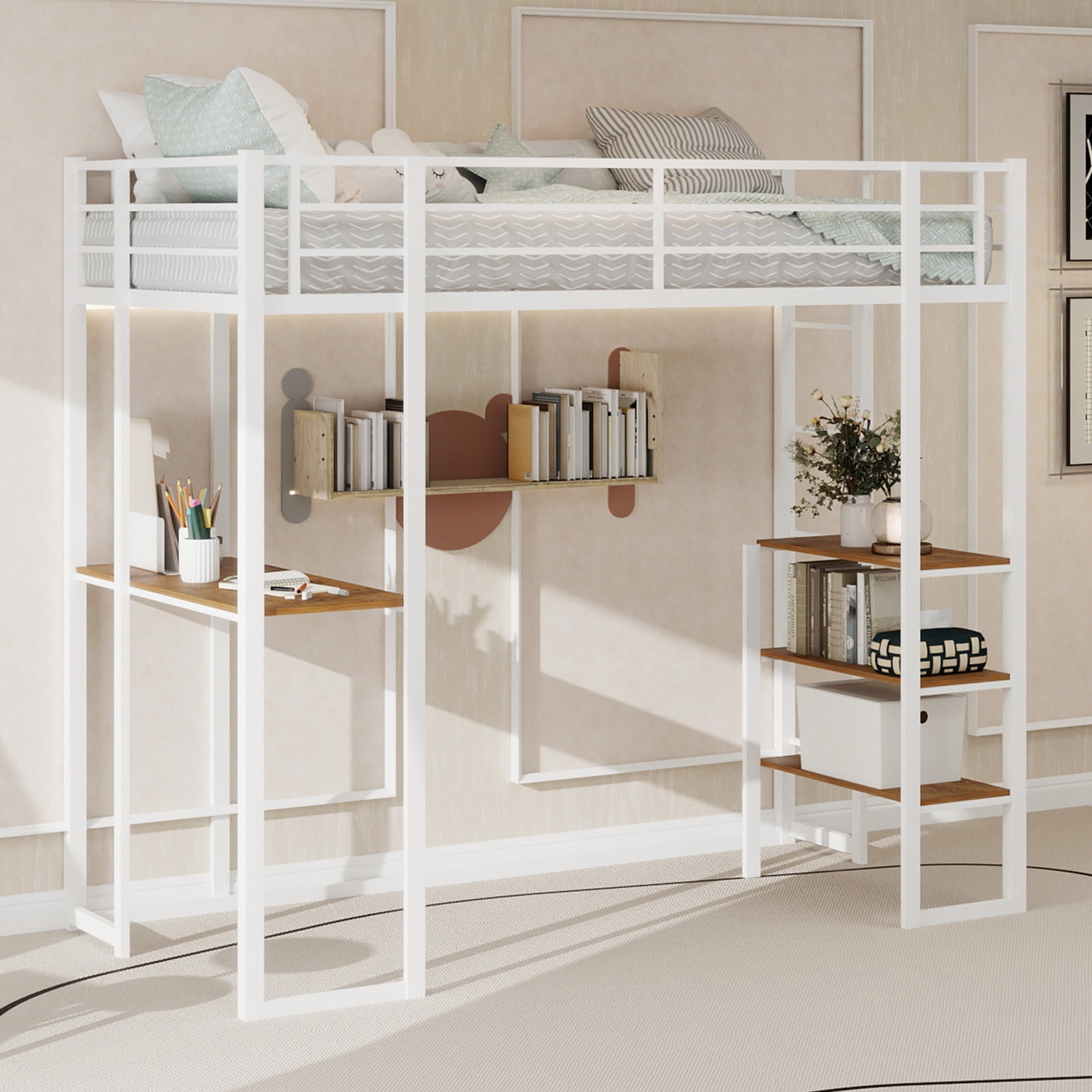 Alvantor Loft Bed Twin Size with Desk, Metal Bed Frame with Open Shelves for Kids/Teens, No Box Spring Needed White