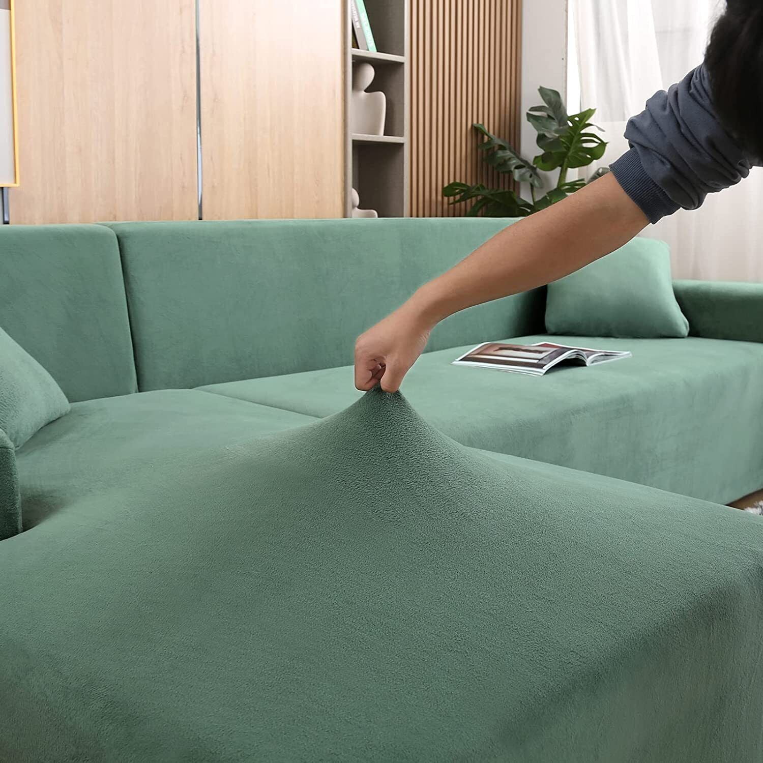 JIAN YA NA Sectional Sofa Slipcovers L Shape Couch Cover,2Pcs Thick Velvet Stretch Anti-Slip Couch Covers for 3 + 3 Seaters Chaise, Furniture Protector Slip Cover for Living Room Dogs Pets Kids (Cyan)