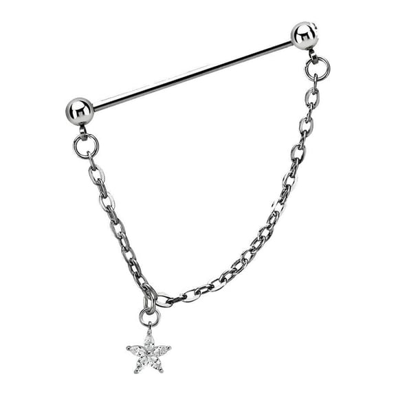 Ear industrial barbell 14g/1.6mm with a 5mm press fit gem ball and a 5mm steel ball linked with a chain with cubic zirconia stones in a star shape dangling part