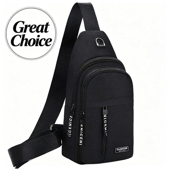 Black Nylon Sling Crossbody Chest Bag with Multi-Pockets, Earphone Hole & Adjustable Strap, Lightweight Water-Resistant Daypack for Travel, Hiking & Daily Use