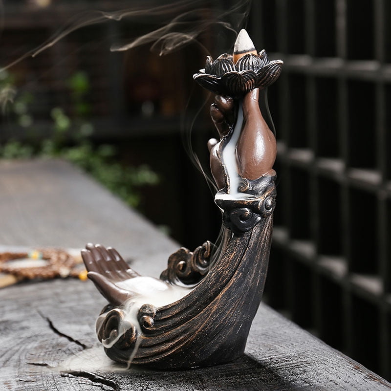 Resin Buddha Hand Backflow Incense Burner Creative Lotus Zen Bergamot Waterfall Smoke Reflux Incense Fragrance Holder Home Ornaments, Brown