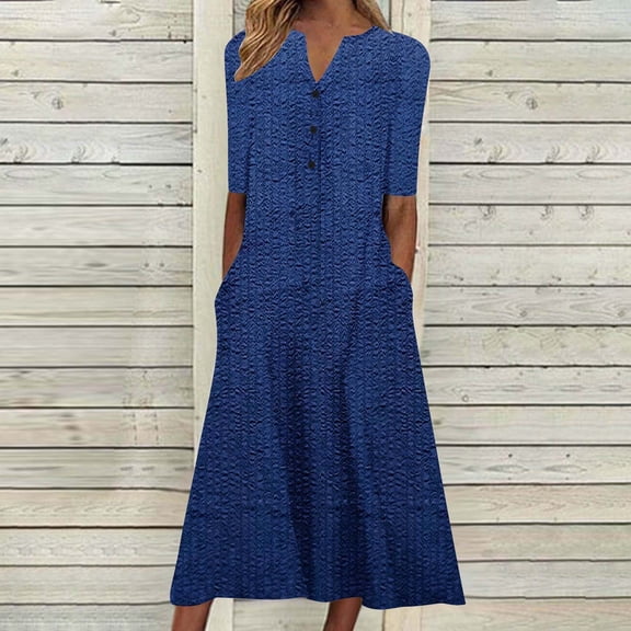 Zorckvet Womens Dresses Short Sleeve Button Down Summer with Pockets Loose V Neck Fashion Long Dress for Women