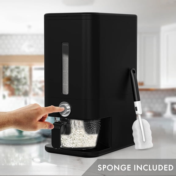 25lb Rice Dispenser - Air Tight Grain & Rice Container With Easy To Use Dispensing, Measuring Cup, & Sponge - NEW Black Design Grain Storage Container