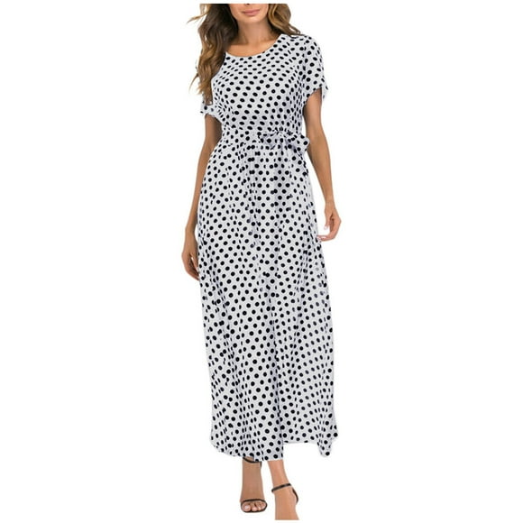 Long Maxi Dress for Women Clearance Polka Dot Clothing Retro Boho Vacation Short Sleeve Summer Beach Bandage Empire Waist Round Neck Sundress White XXXL
