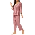 thumbnail image 4 of INSPIRE CHIC Women's Satin Sleepwear Night Suit V Neck Lace Nightwear Lounge Pajama Set M Pink, 4 of 5