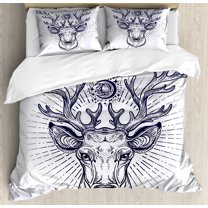 Deer Hunting Duvet Cover Set, Hipster Reindeer Head Sketch Antlers Illustration, Decorative 3 Piece Bedding Set with 2 Pillow Shams, Queen Size, Purple Blue Grey, by Ambesonne