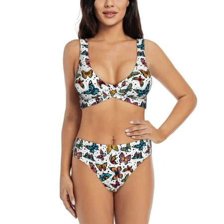Zeuib Cute Butterfly High Waisted Tummy Control Bikini Set - Knot Front Push Up Top & Cheeky Thong Bottom  Two-Piece Swimsuit for Women-XX-Large