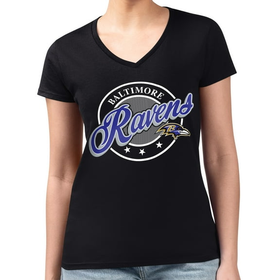 Women's G-III 4Her by Carl Banks  Black Baltimore Ravens Super-Slim Fit Lightweight Pinstripe Circle V-Neck T-Shirt