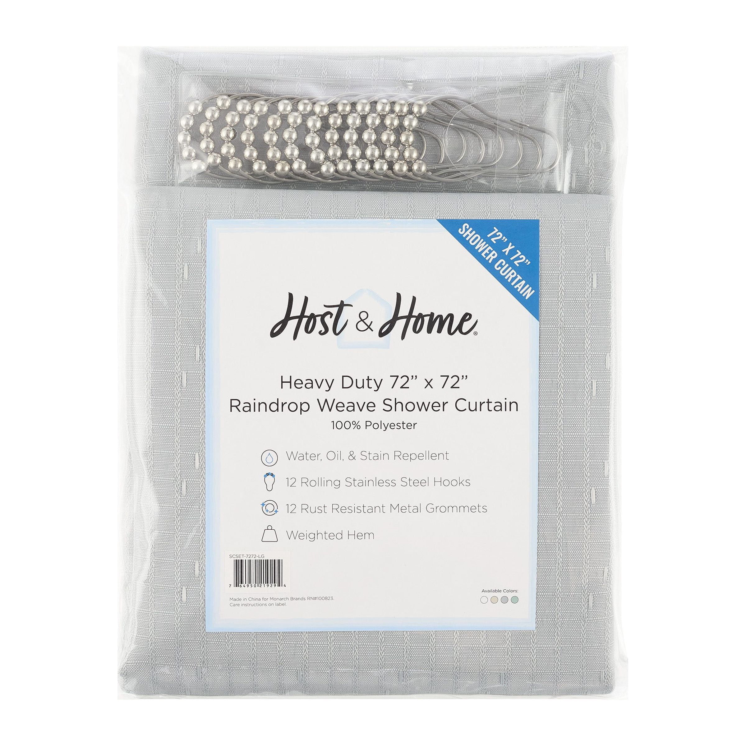 Host & Home Raindrop Stripe Shower Curtain Set, 72x72, with 12 Metal Rolling Rings, Weighted Hem, Rust-Proof Grommets, 100% Polyester Yarn, Light Grey