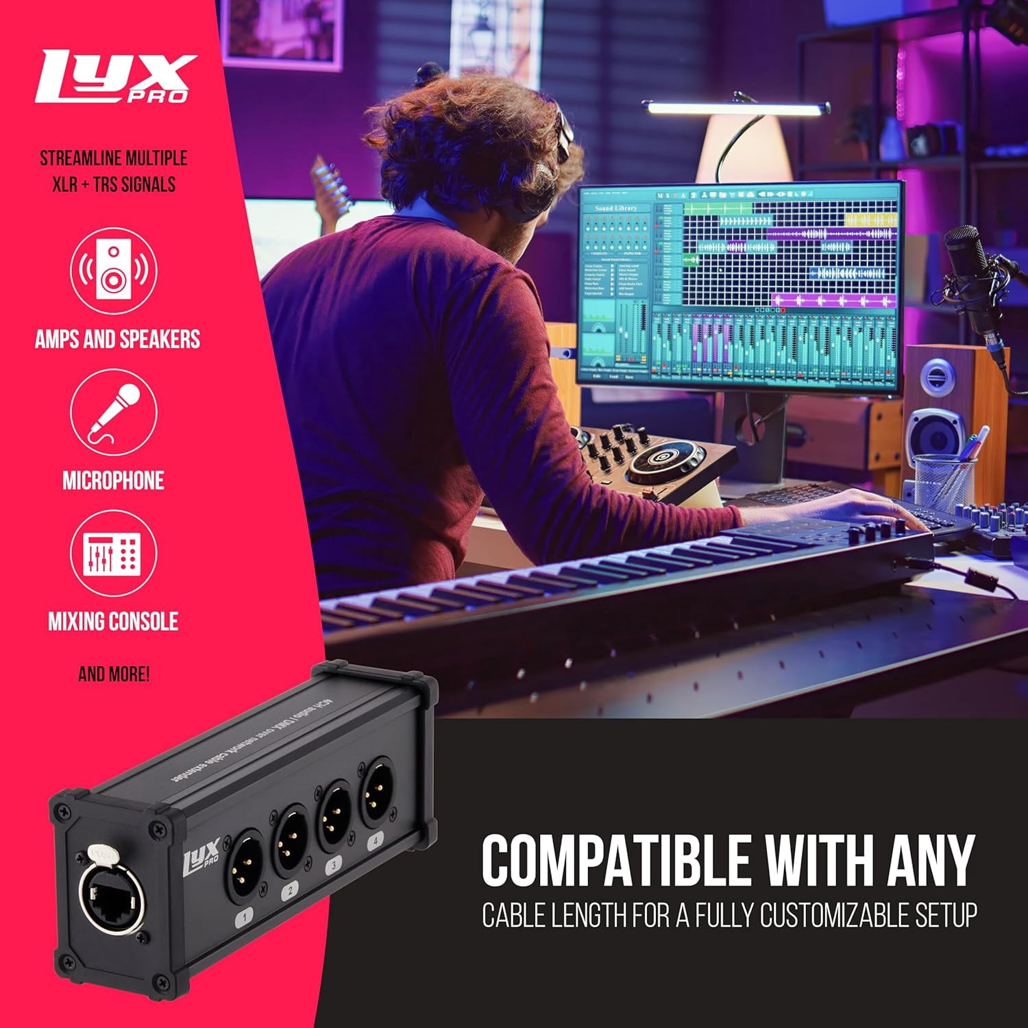 LyxPro 4‑Channel XLR to RJ45 Ethercon Male Breakout | Audio Interface Cable Snake