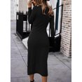 thumbnail image 6 of TEMOFON Women Casual Dresses Sexy V Neck Long Sleeve Twist Front Waist Ribbed Knit Bodycon Slit Dress Cocktail Midi Dresses Black, 6 of 7