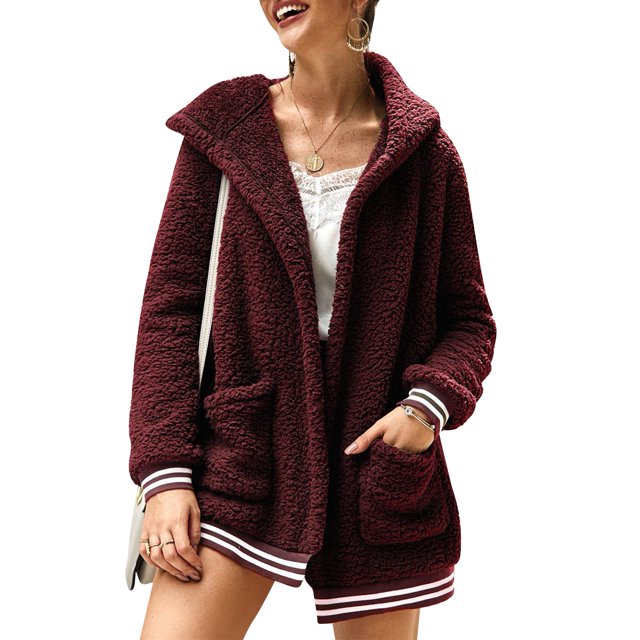 Chaqueta borrosa de manga larga para mujer, diseño de bolsillo largo de invierno, abrigo cálido con capucha para fiesta, compras informales, rojo vino S