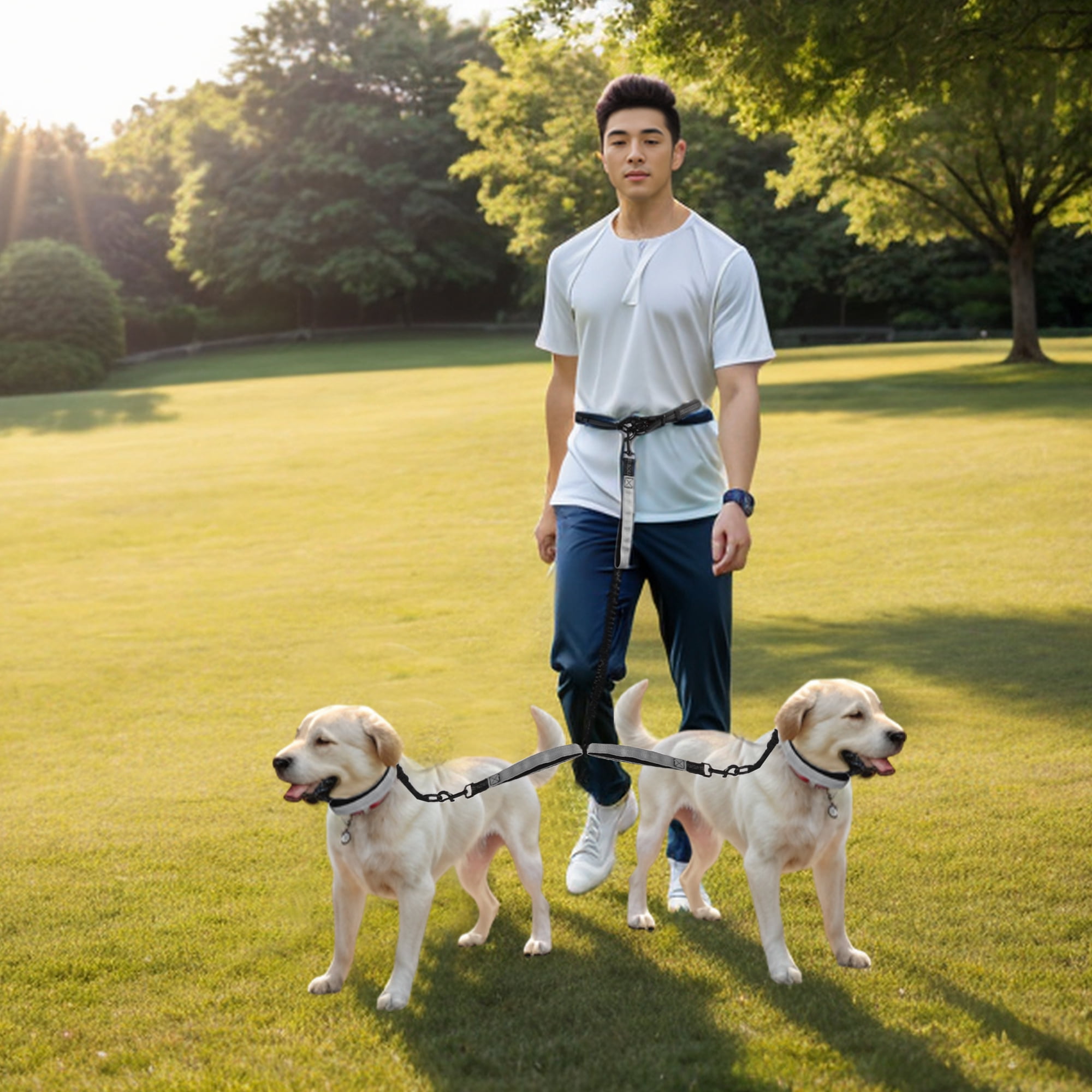 Unique Bargains Hands Free Dog Leash No Pull Bungee for Two Dogs 6.6-7.6FT Long
