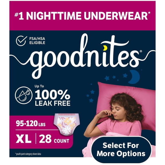 Goodnites Girls Nighttime Bedwetting Underwear, XL (95-120 lbs), 28 Count (Select for More)