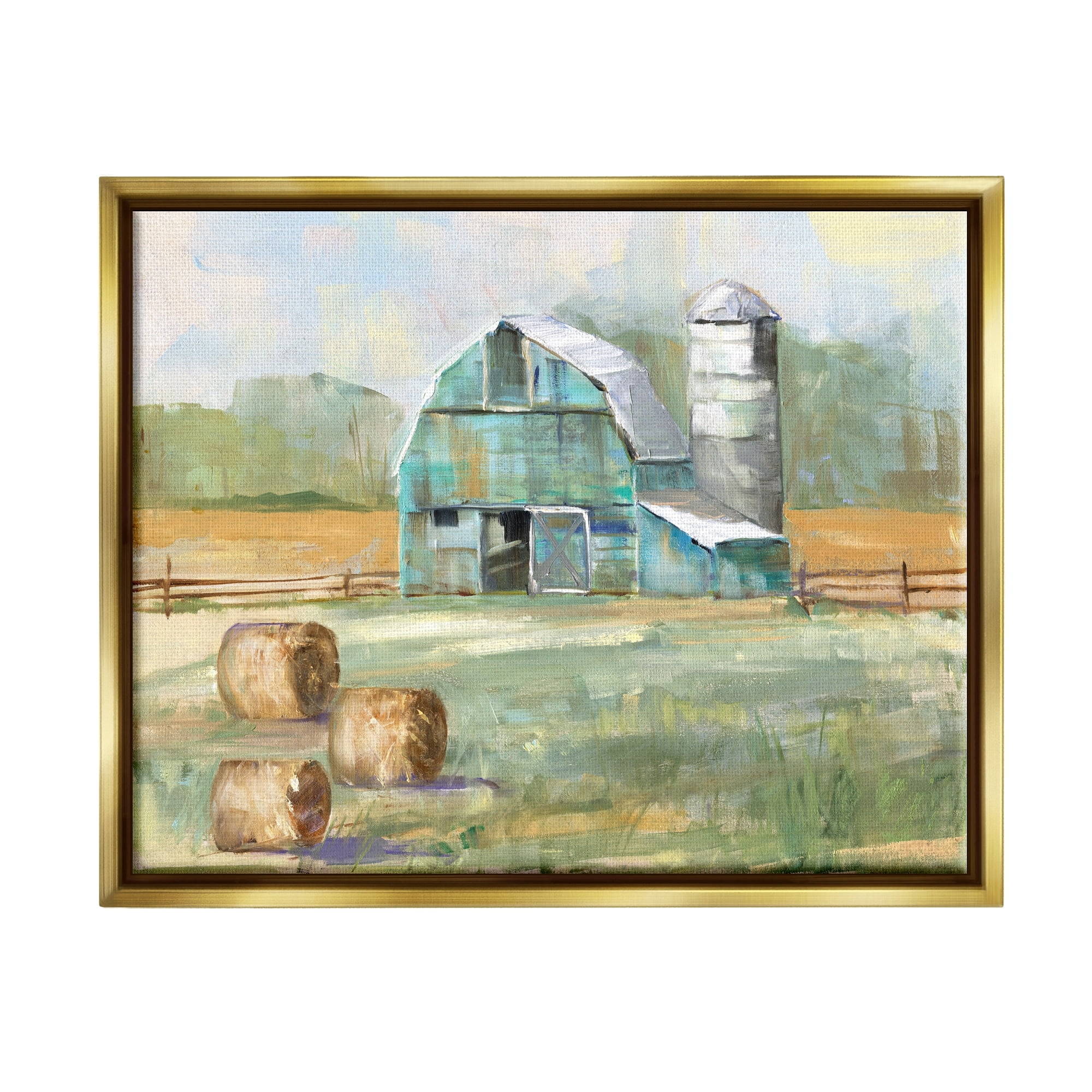 Stupell Industries Contemporary Blue Farm Barn Hay Bails Empty Field Metallic Gold Framed Floating Canvas Wall Art, 24x30, by Sally Swatland