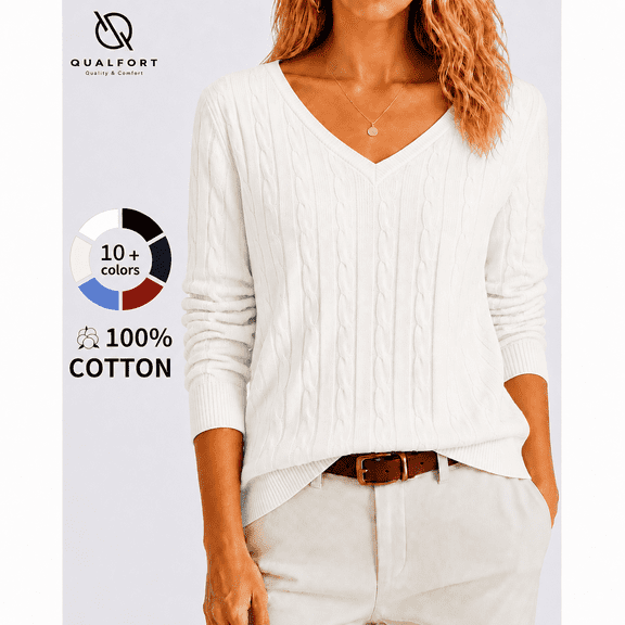 QUALFORT Women's 100% Cotton V-Neck Cable Knit Sweater, Lightweight Long Sleeve Pullover Sweater for Women, Off-White L