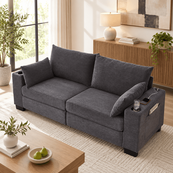 Modern 3-Seater Corduroy Sofa with USB Ports, Cup Holders, Side Pocket, Plush Deep-Seat Cushions, Gray, 78" Wide for Living Room