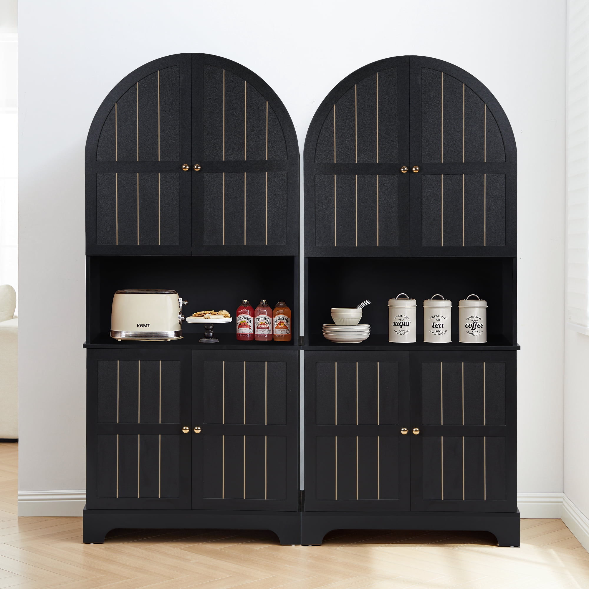 LEFHDA 71" Tall 5-Tier Arched Kitchen Pantry Cabinet with Doors, Large Storage Cabinet Freestanding Wooden Storage Cabinet for Kitchen, Living Room & Bathroom (Black)