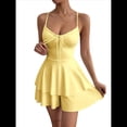 thumbnail image 2 of Vestido Mini de Fiesta Corto con Tirantes Finos y Lazo en la Espalda para Mujer, con Volantes Escalonados, Corte en A, y Ajustado. Amarillo L, 2 of 8