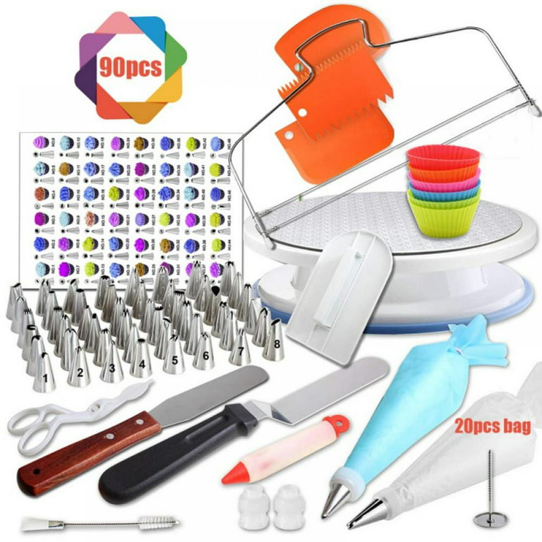 Cake Decorating Supplies Kit for Beginners, Set of 90, Baking Pastry Tools,  1 Turntable stand-48 Numbered Icing Tips with Pattern Chart, Angled