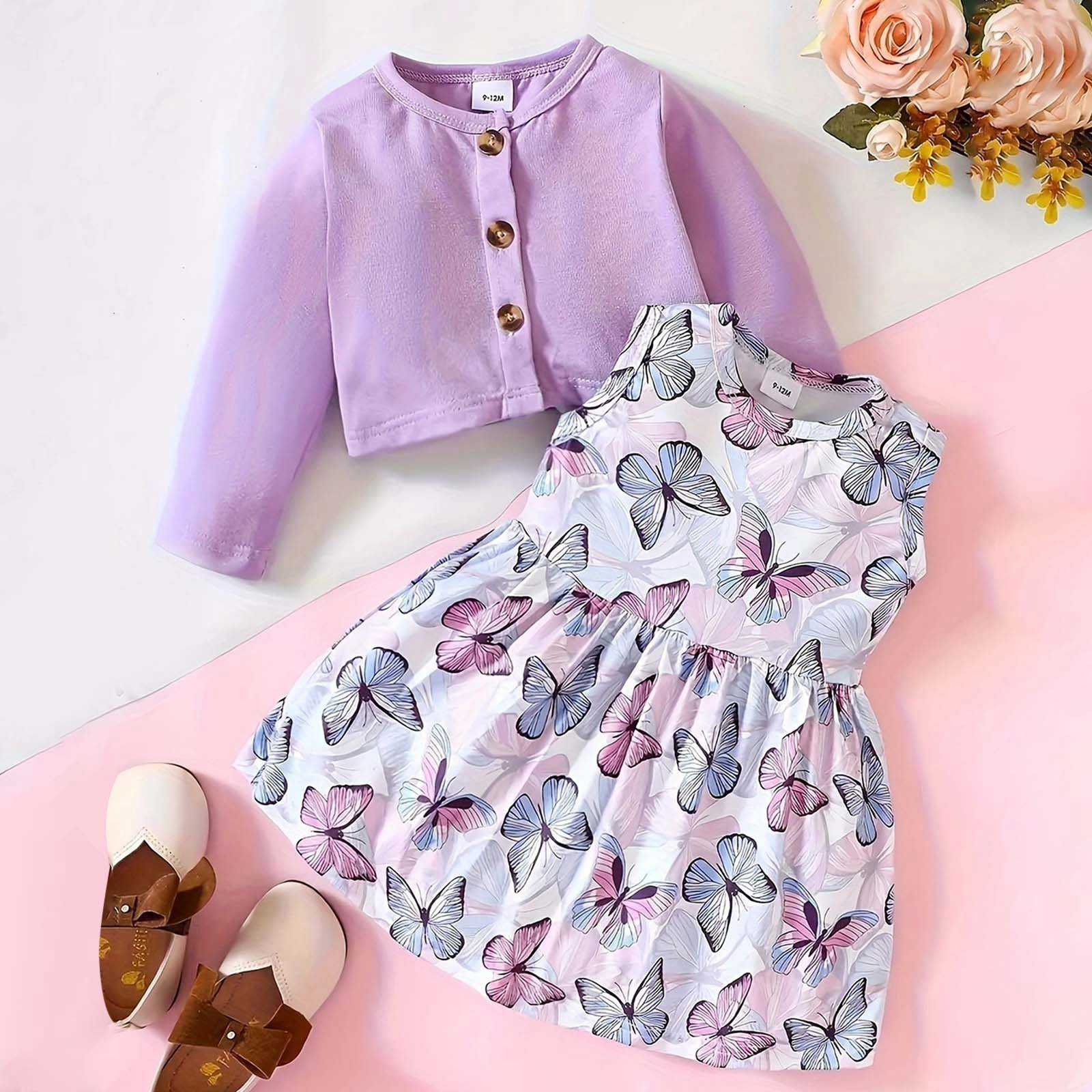 Ensemble 2 Pièces Robe & Cardigan Pour Bébé Fille - Imprimé Floral, Sans Manches - Taille 3-5 Ans - Cadeau Anniversaire, Fête