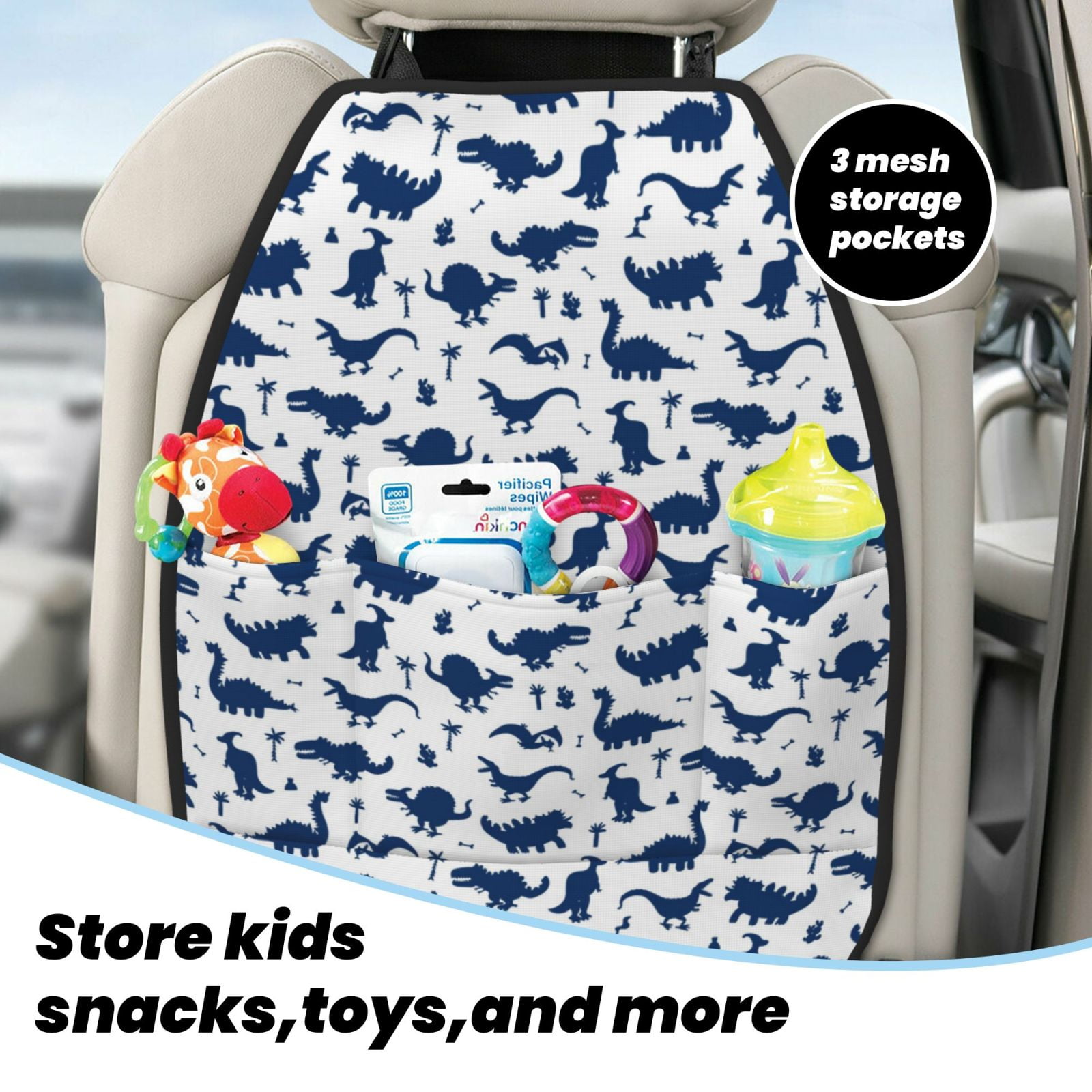 Xecao Cute Cartoon Dinosaur Pattern Car Seat Back Protector 2 Pack Large Capacity Pocket, Kick Mats Back Seat Protector