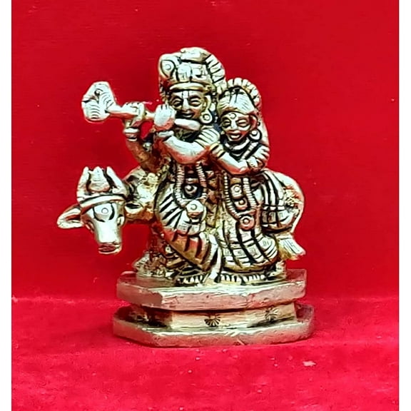 Radhe Krishna Statue Lord Krishna with Radha Sculpture Indian Divine Couple Krishna Statue in Brass Krishna with Cow Figurine Indian Home Decor Krishna Sculpture Temple Decor - AtoZ India Cart