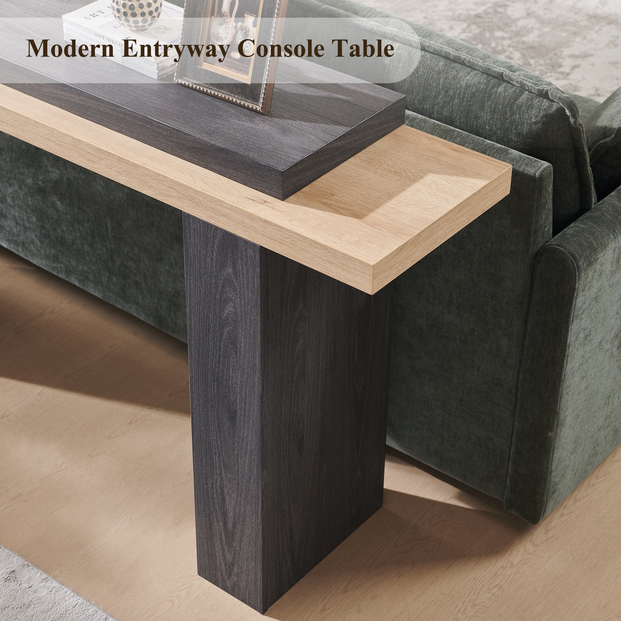 KeyWhat 63" Entryway Console Table, Wooden Modern Sofa Table Behind Couch, Dual-Level Countertop Design for Hallway, Entryway, Living Room, Natural Oak & Dark Alder