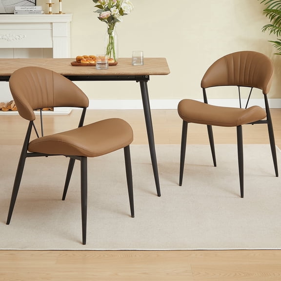 Modern Upholstered Dining Chairs Set of 2, Comfy Backrest Kitchen Chairs with Metal Legs, Black Brown