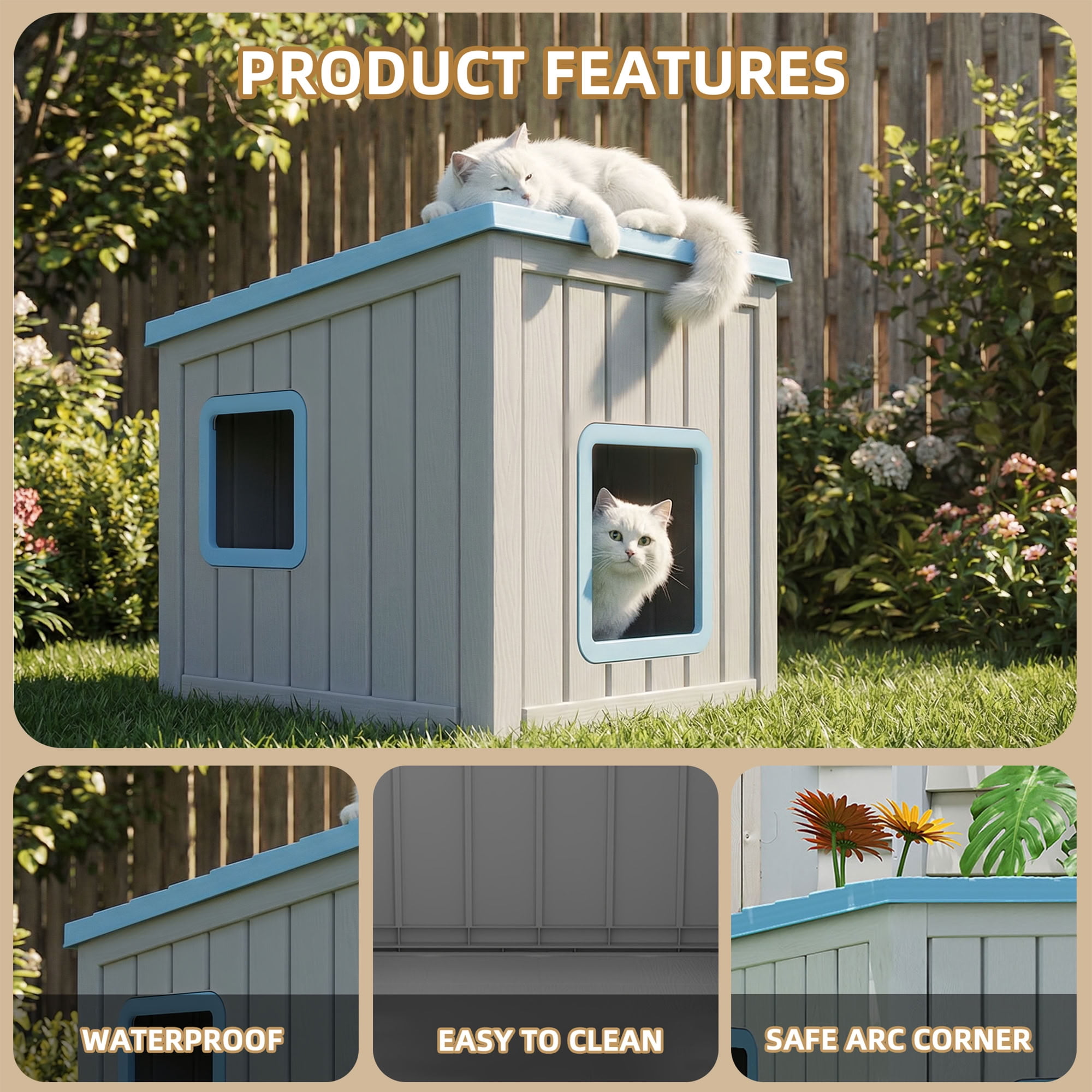 MAYEERTY Dual-Door Cat House for Indoor & Outdoor, Rain-Resistant Sloped Roof Pet Retreat with Easy-Clean Leak Holes