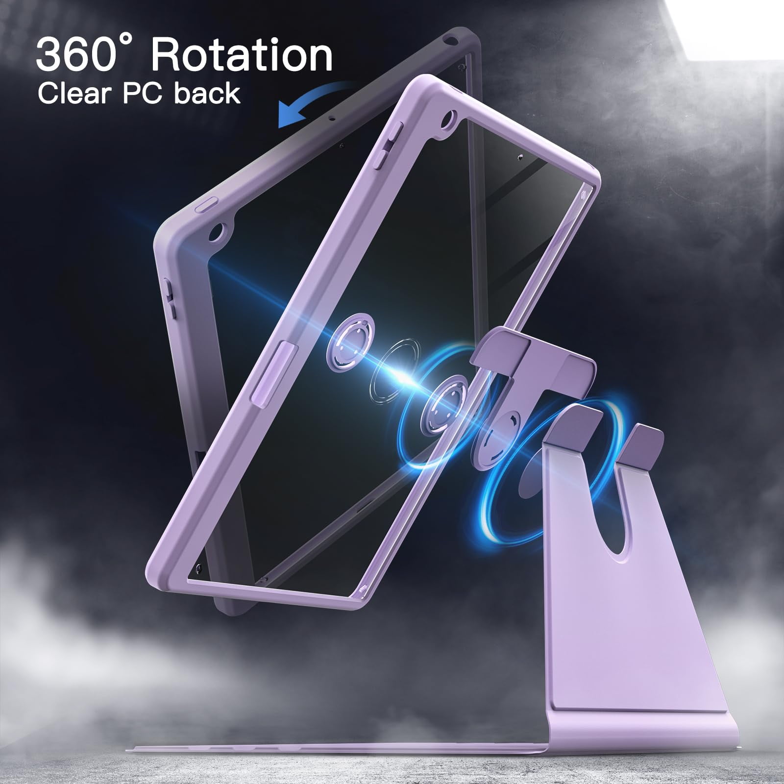 JETech Rotating Case for iPad 9/8/7 (10.2-Inch, 2021/2020/2019 Model, 9th/8th/7th Generation) with Pencil Holder, 360 Degree Rotation Stand Cover Clear Back, Auto Wake/Sleep (Light Purple)