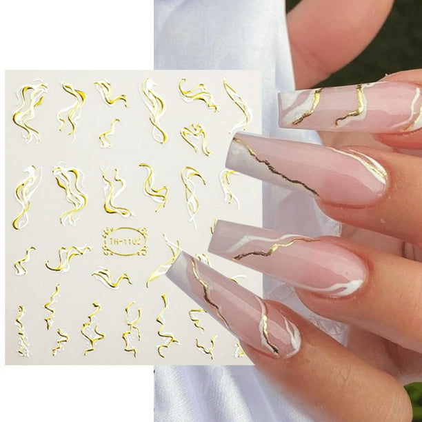 Pegatinas para uñas con cinta adhesiva con efecto dorado y líneas de amor, con fondo transparente esmerilado