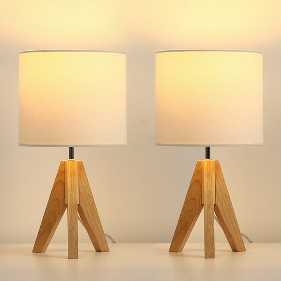 DEWENWILS Small Bedside Table Lamps Set of 2, Wood Tripod Nightstand Lamp for Nightstand, Dresser, Console Table, Fireplace Decoration, College Dorm, Coffee Table-14.2 inches