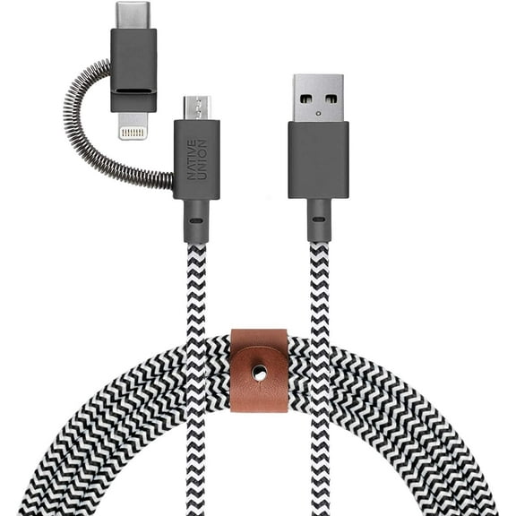 Open Box Native Union Belt Cable Universal - 6.5ft USB-C Charging Cable 3-in-1 Adaptor (Zebra)