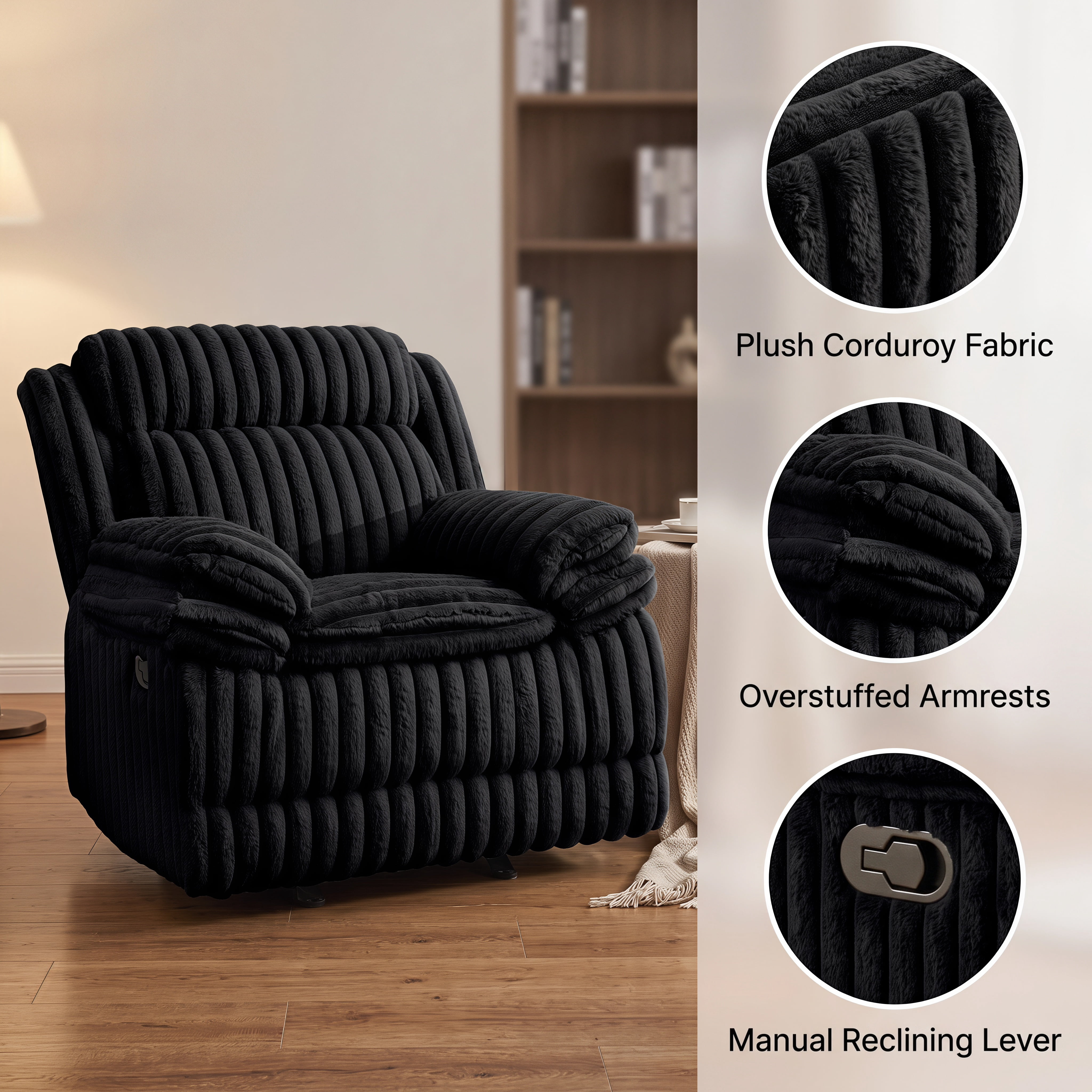 Roundhill Furniture Ardello Manual Rocker Recliner with Wide-Wale Corduroy Upholstery, Black