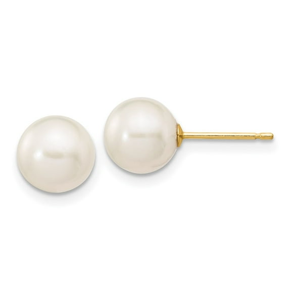 Real 14kt Yellow Gold 7-8mm White Round Freshwater Cultured Pearl Stud Post Earrings; for Adults and Teens; for Women and Men
