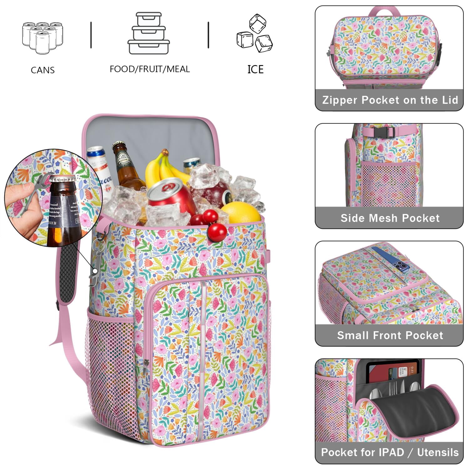 Travel Cooler Bag - Pioneer Flower Camping Beer Cooler Backpack with Bottle Opener- Waterproof Insulated Picnic Backpacks - Cooler Bag for Beach