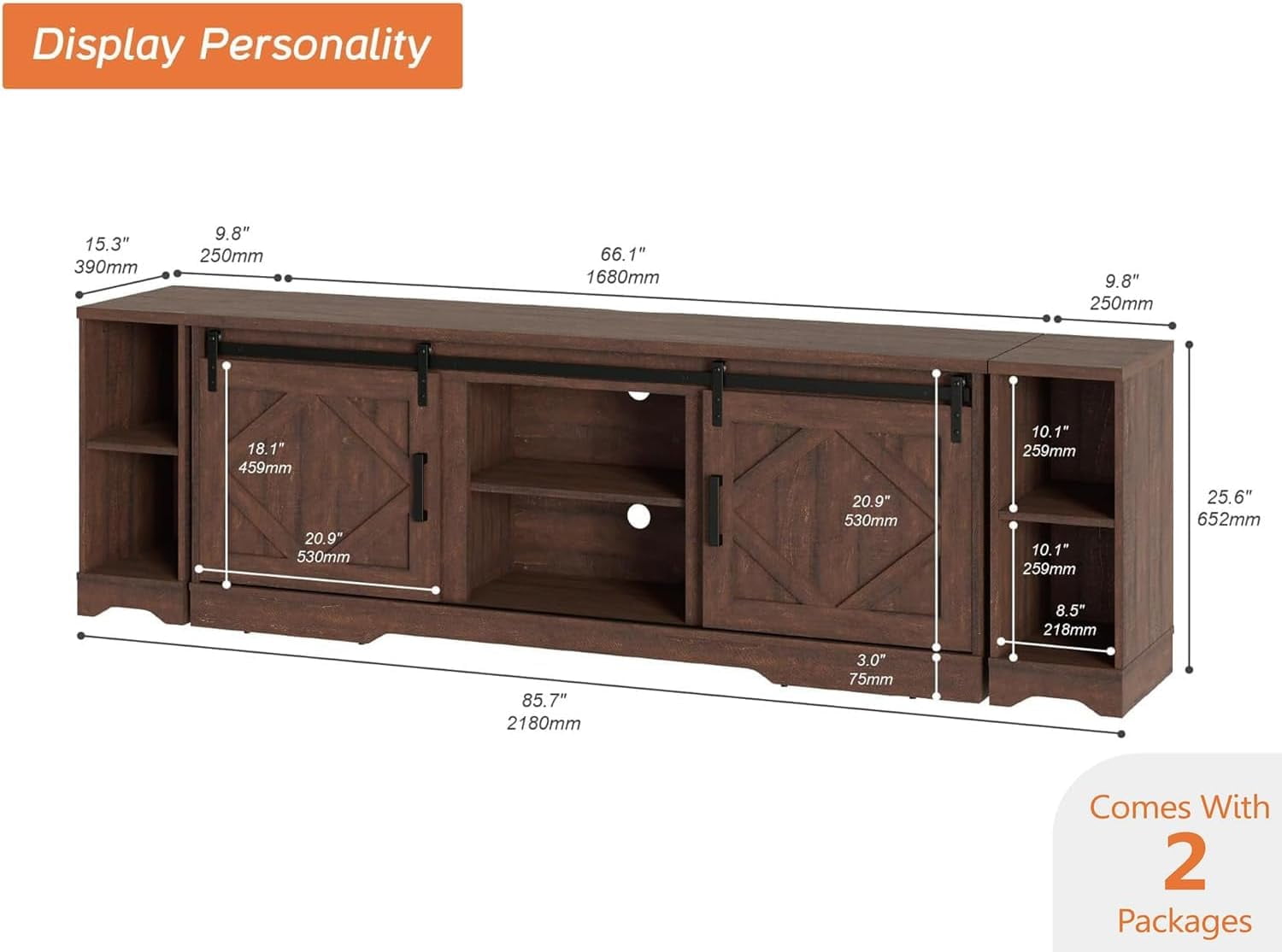 WAMPAT Modern Farmhouse 3 in 1 TV Stand for up to 95" TVs,Wood Media TV Console Table with Storage Cabinets and Sliding Barn Doors,Entertainment Center for Living Room Bedroom,Rustic Brown
