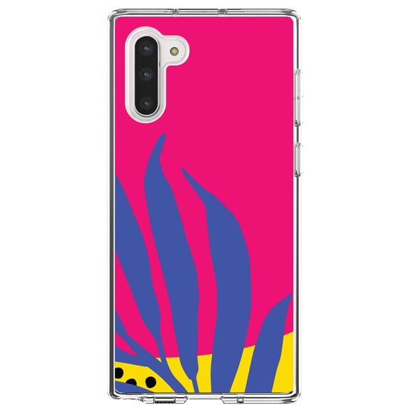 DistinctInk Clear Shockproof Hybrid Case for Samsung Galaxy Note 10 (6.3" Screen) - TPU Bumper, Acrylic Back, Tempered Glass Screen Protector - Summer Vibes Bold Flower Blue Pink Yellow