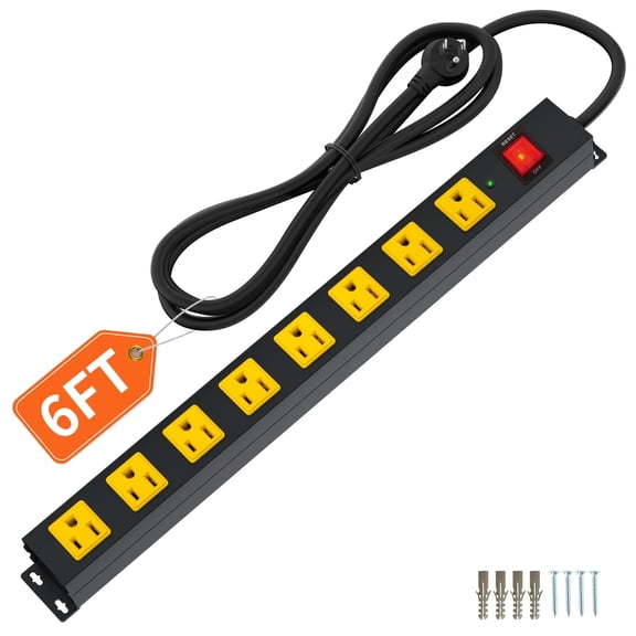 8 Outlet Long Power Strip, 2100J Surge Protector Heavy Duty 6FT Cord Wide Spaced and Wall Mount Metal Power strip for Home Office Garage Workshop