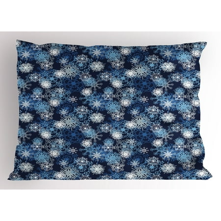 Winter Pillow Sham Various Different Ornate Snowflakes Blizzard Cold Season Xmas Themed, Decorative Standard Queen Size Printed Pillowcase, 30 X 20 Inches, Pale Blue Dark Blue White, by