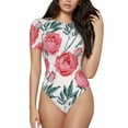 thumbnail image 2 of Uemuo Rose Flowers Pattern Women's One Piece Short Sleeve Swimsuit Rash Guard Surfing Modest Quick-drying Swimsuit Beach Essentials-Medium, 2 of 9